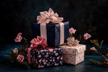 Poster - Blue gift box with pink bow, perfect for birthday, anniversary, or special occasion, elegant and charming.