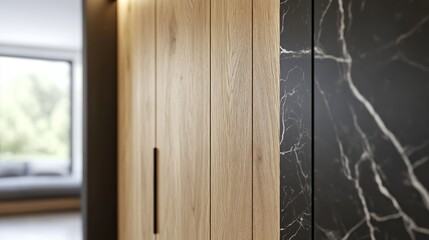 Poster - A close-up of modern cabinetry featuring wood and marble textures.
