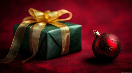 Wall Mural - Green box wrapped with gold ribbon, elegant gift presentation, perfect for celebrations, birthdays, holidays.