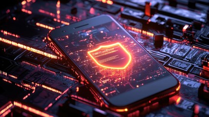 Poster - Glowing Smartphone with Security Shield Displayed