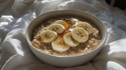 Poster - Warm Bowl of Oatmeal with Sliced Bananas and Honey