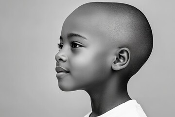 Wall Mural - young boy with a shaved head and a white shirt. the boy has a smile on his face