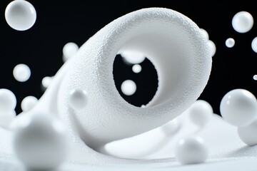 Leinwandbilder - The image is a white and black abstract piece with a white object in the center. white object is surrounded by many white spheres, creating a sense of movement and energy. Scene is dynamic and lively