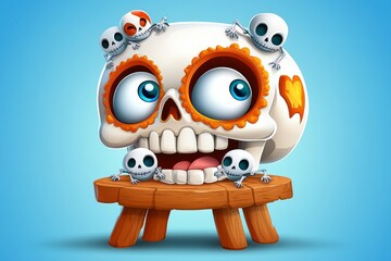Wall Mural - cartoon skull with a smile on its face and a bunch of skulls on its head. the skull is sitting on a 