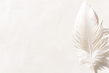 Poster - A soft white feather lies elegantly on a warm, neutral surface, capturing the essence of minimalism and natural beauty