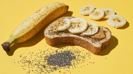 Poster - Banana Toast with Nut Butter on Yellow Background