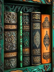 Wall Mural - A pirate-themed bookshelf showcasing five ancient books with intricate, magical designs, featuring a color scheme of green, orange, and black to create a magical and adventurous atmosphere