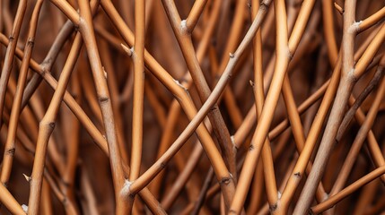 Close-up view of a dense bundle of intertwined brown wooden branches with a warm texture and natural pattern