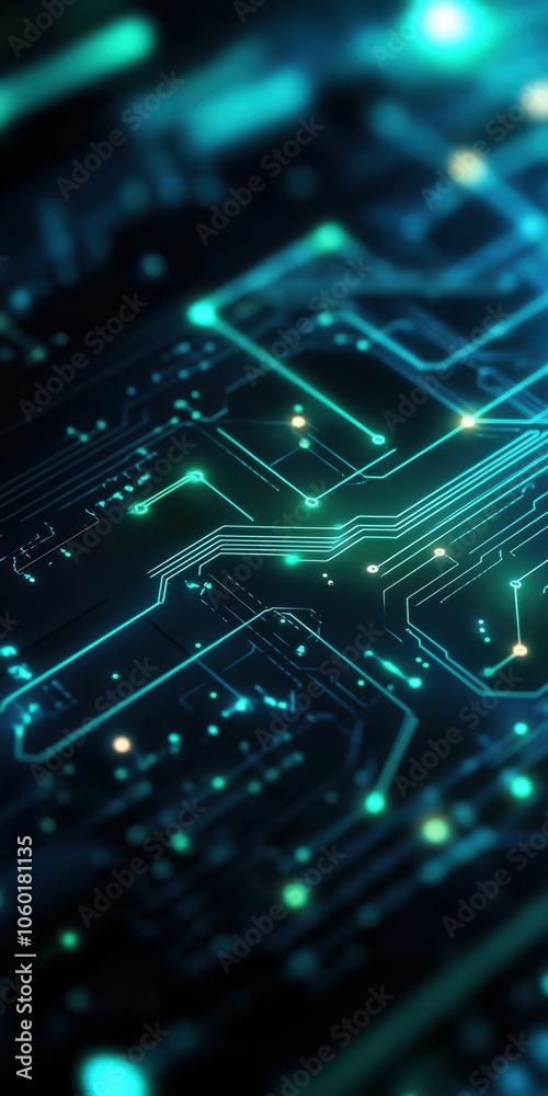 Blue and green abstract electronic PCB background with intricate 3D ...