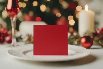 Wall Mural - Red blank place card mockup on plate for Christmas dinner