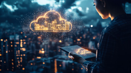 A person holding a tablet displaying a digital cloud over a city skyline during twilight with urban lights glowing in the background