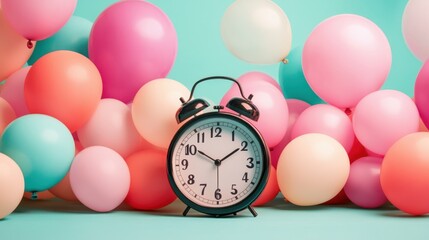 New Year’s party countdown clock surrounded by balloons