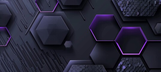 Fototapete - Black background with purple hexagons and glowing particles, creating an abstract, tech-inspired design.