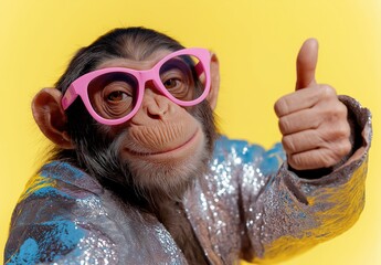Wall Mural - a cheerful monkey wearing pink glasses and a shiny jacket gives a thumbs-up against a yellow backgro