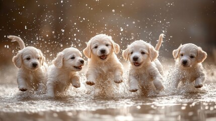 Poster - Playful Puppies Splashing in Water