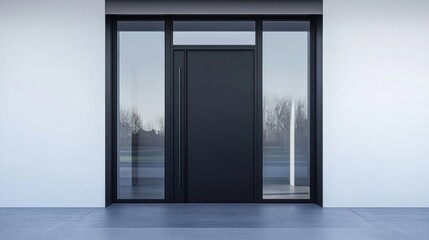 Poster - A modern entrance featuring a sleek black door and large glass panels.