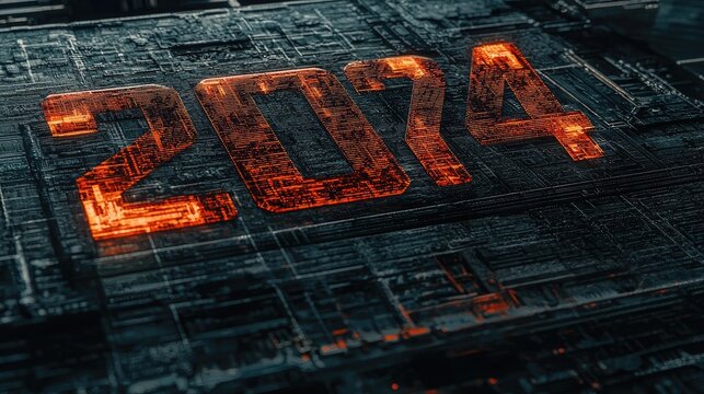 Futuristic number 2074 glowing on a digital circuit background.