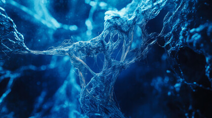 Poster - A close-up view of intricate blue microscopic structures resembling interconnected neural networks in a dynamic environment