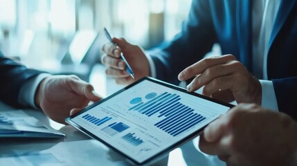 Poster - Business meeting with data analysis displayed on a tablet.