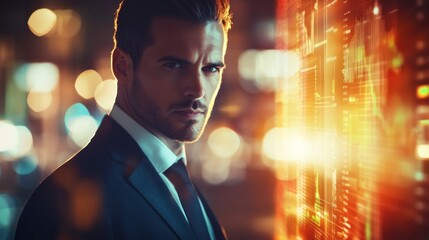 Poster - A confident man in a suit stands before a glowing digital interface, exuding determination.