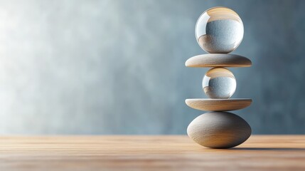 Poster - Balancing glass spheres on wooden base creates a tranquil aesthetic in modern design