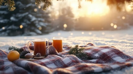 Festive winter picnic with blankets and warm drinks