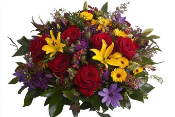 A bouquet of flowers with a mix of bright red roses, yellow daisies, and purple lilies.