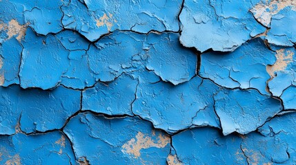 A close-up of cracked blue paint on a surface, showcasing texture and color variation.