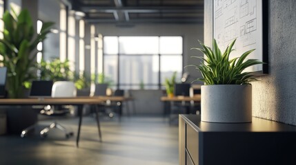Poster - Modern office interior with plants and large windows, creating a bright workspace.