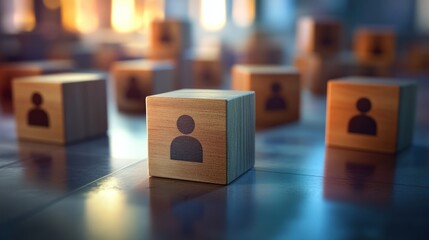 Poster - Wooden blocks with human icons, symbolizing community or teamwork concepts.
