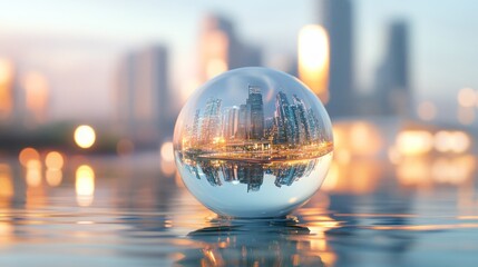 Poster - A reflective glass sphere resting on water, showcasing a city skyline in the background.