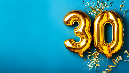 Banner with number 30 golden balloon with copy space. thirty years anniversary celebration c