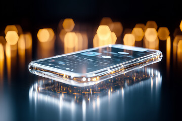 Poster - A sleek mobile device hovers, glowing with vibrant app displays amid bright, blurred lights
