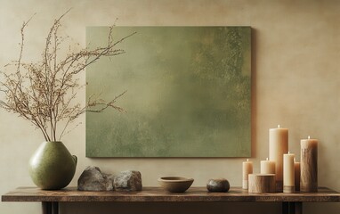 An elegant console table adorned with modern accessories sits below a green clay abstract painting, complemented by wooden and stone decor, vases of plant branches