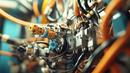 Poster - Close-up of intricate machinery with orange tubing and various components.