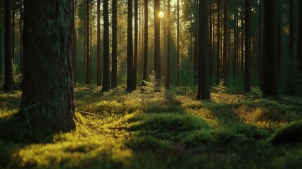  Warm rays of sunlight spill between towering trees, casting a golden glow on a tranquil forest path blanketed in verdant moss, inviting exploration and peace in nature's embrace.