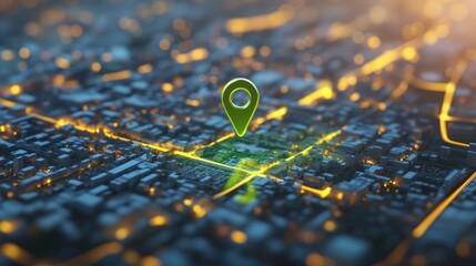 Poster - A digital map view with a location pin highlighting an urban area at dusk.