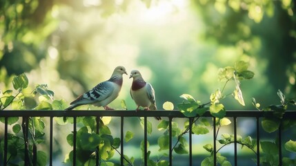 Poster - Two Birds on a Fence Surrounded by Greenery