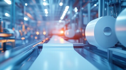 Poster - A modern industrial setting with rolls of material on a production line.