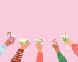 © solthanya - Happy Hand holding cocktail party drink. Banner happy people celebrating christmas party, People Toasting With Wine Or Champagne.
