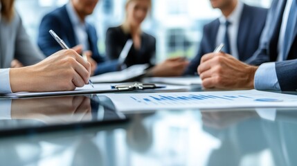 Poster - A business meeting with participants discussing documents and taking notes.