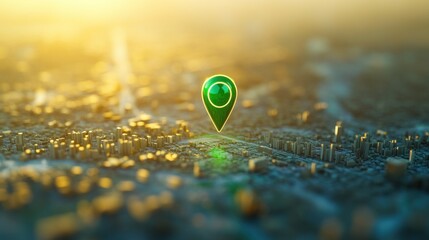 Poster - A digital map pin over a cityscape, symbolizing location and navigation.