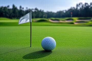 Wall Mural - A close-up of a golf ball near a flagstick on a lush green putting green with a blurred background of trees and sand traps.