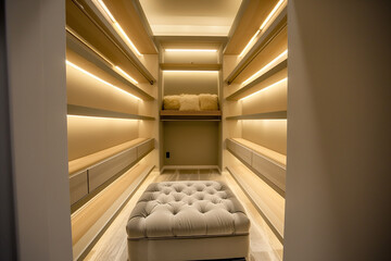 Poster - Sleek walk-in closet with backlit shelves, a plush ottoman, and minimalist organization, creating a boutique-inspired storage area.