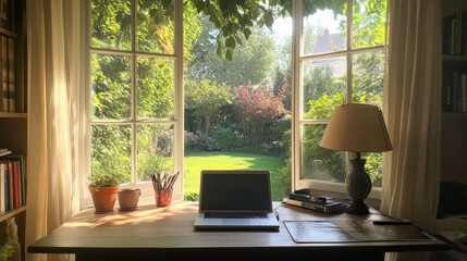 Poster - Comfortable home office setup with a laptop on the desk, overlooking a bright, green garden through large windows