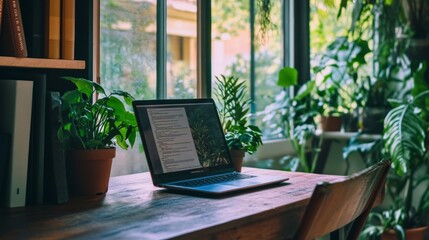 Poster - Home office desk with laptop and plant, facing a large window with a soothing garden view, capturing work-life harmony