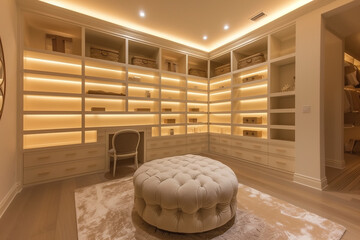 Poster - Sleek walk-in closet with backlit shelves, a plush ottoman, and minimalist organization, creating a boutique-inspired storage area.