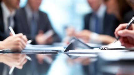 Poster - A business meeting with professionals discussing documents at a table.