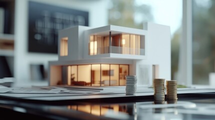 Poster - A architectural model of a modern house with stacks of coins, symbolizing investment.