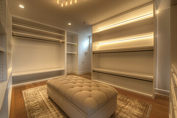 Poster - Sleek walk-in closet with backlit shelves, a plush ottoman, and minimalist organization, creating a boutique-inspired storage area.